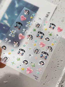 Pegatinas de uñas 3D en relieve con muñeca bonita de ojos grandes, lazos y flores.