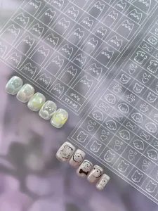 Embossed cartoon cat and dog nail art stickers, transparent line pet nail design detail.