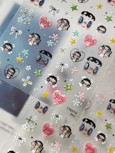Pegatinas de unas en relieve 3D muneca de ojos grandes dibujos animados, lazo flor bonito