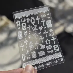 Vintage embossed lace cross nail stickers DIY french bow frame nail art decals.