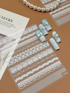 White lace nail art stickers embossed pearl shell bow designs for manicure 1 sheet