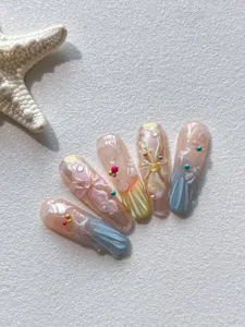 Ocean theme handmade press on nails crystal glazed seashell pearl 3D nail art detail set