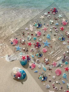 Ocean theme 3D embossed nail art stickers featuring starfish and seashells detail view.