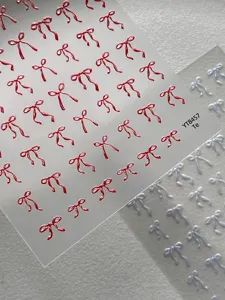 Pegatinas de uñas de lazo holográfico 3D, bonitas calcomanías de cinta roja y blanca