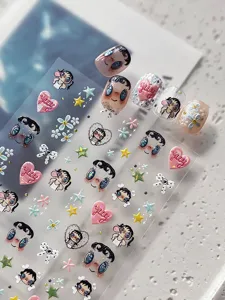 Lindos adhesivos de uñas con muñeca de dibujos animados y lazos en relieve 3D para manicura.
