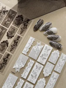 Lace butterfly nail stickers 3D embossed hollow mesh floral stripes manicure art design