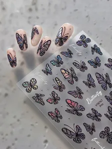 Holographic butterfly nail stickers with 3D embossed designs and sparkling stars for manicure art.