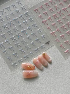 Pegatinas de uñas con lazo 3D iridiscente rosa azul cinta uñas postizas decoración