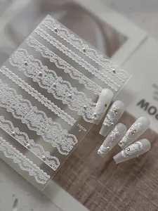 White lace nail art stickers embossed French gentle style pearl ribbon fake nail decals detail