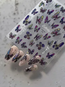 Holographic butterfly nail art sticker detail, featuring 3D embossed stars and adhesive sheet.