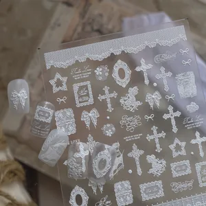 Ins vintage lace cross nail stickers embossed bow DIY nail art decals close-up detail display