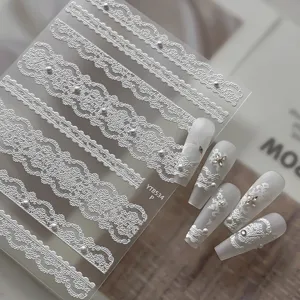White Lace Nail Art Stickers French Gentle Style Ultra-Thin Embossed Shell Pearl Ribbon Nail Decals