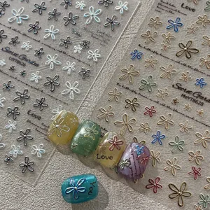 Minimalist 3D Floral Nail Art Stickers Hollow Flower Nail Decals Silver Gold Laser Embossed Manicure Accessories