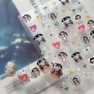 Bonitos pegatinas de uñas en relieve 3D con muñeca de ojos grandes anime y lazos.