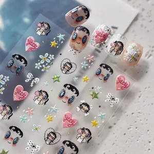 Pegatinas de uñas muñeca ojos grandes dibujos animados chica lazo flores 3D en relieve