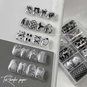 10-grid black and white nail art transfer foil set with cute bows and butterfly patterns for DIY.