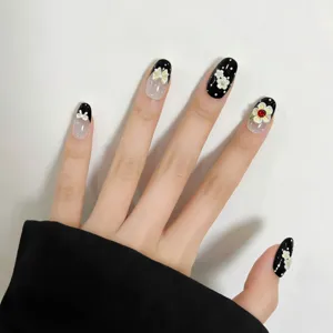 3D Negro Blanco Floral Lazo Uñas Postizas Press on Nails Set Imagen Principal Chic