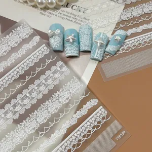 White lace nail stickers embossed French gentle style pearl shell ribbon manicure decals