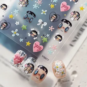 Bonitos pegatinas de uñas en relieve 3D muñeca de dibujos animados con lazo y flores.
