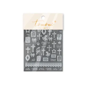 Vintage lace cross nail art stickers relief bow French frames DIY manicure decals for women