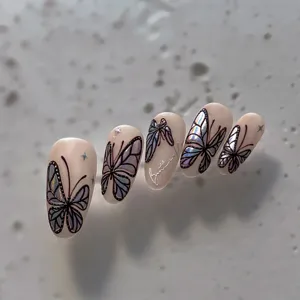 Holographic butterfly press-on nails 3D luxury star fake nail art tips for women decor