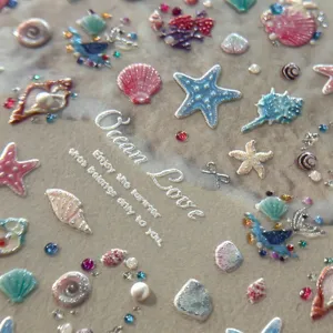 New ocean series nail stickers, summer embossed starfish and shell 3d nail art accessories.