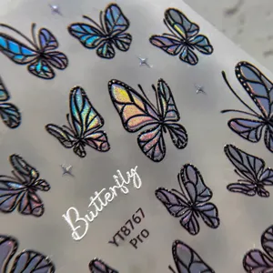 Holographic butterfly nail stickers 3D embossed adhesive decals star nail art decor