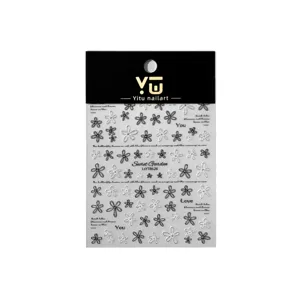 3D black and white flower nail art stickers, minimalist floral nail decorations for DIY manicure.