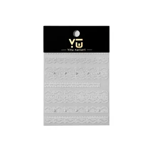 White lace nail art stickers with embossed floral patterns and small pearls for chic style.