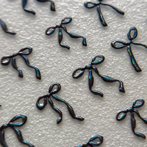 Pegatinas de uñas con lazo 3D holográfico, diseño de cinta negra brillante para manicura.