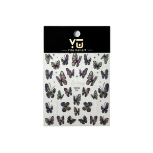 Holographic butterfly nail art stickers with 3D relief and self-adhesive design for DIY manicure.
