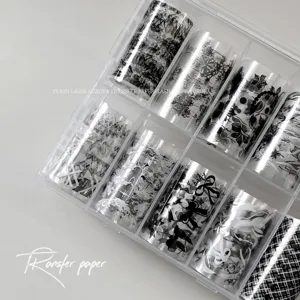 10 Grids Nail Art Transfer Foil Set Black White Flower Bow DIY Manicure Stickers Decals