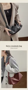 Retro genuine leather underarm bag for women, stylish minimalist crossbody shoulder bag.