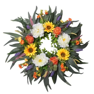 Kunstbloemen krans, zonnebloem pioenroos eucalyptus deurhangen wanddecoratie thuis.
