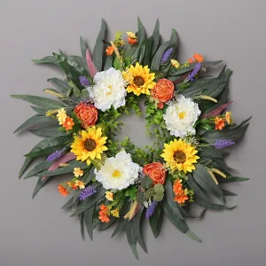 Kunstmatige Bloemenkrans Zonnebloem Pioenroos Roos Eucalyptus Hangende Deur Muur Decor