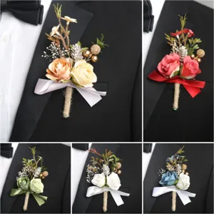Boutonniere Matrimonio Rosa Seta Artificiale Corsetto da Polso Pigna Sposo Festa Accessori per Abito