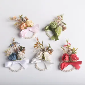 Set corsage da polso per matrimonio all'ingrosso rose artificiali perle nastri per ballo.