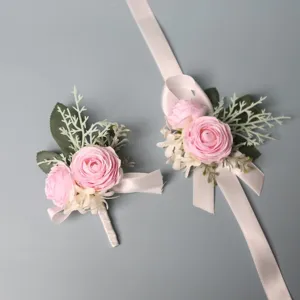 Roze kunstmatige roos polsbloem en corsage set voor huwelijk bruid fotografie accessoires.