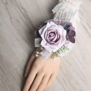 Purple artificial rose wrist flower wedding bridesmaid corsage floral wristlet party decor