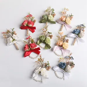 Set corsage da polso e bottoniera con rosa da sposa, decorazione floreale artificiale