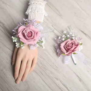 Pink artificial rose wrist flower and boutonniere set for wedding party decor elegant