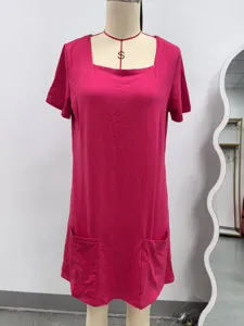 Vrouwen effen kleur vierkante hals korte mouw jurk met zakken casual zomerkleding
