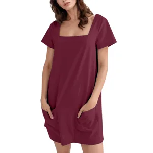 Dames vierkante hals korte mouw effen mini jurk casual zakken bordeauxrood