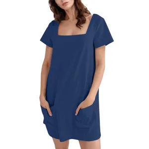 Effen vierkante hals korte mouw mini jurk met zakken voor dames casual dagelijkse kleding.