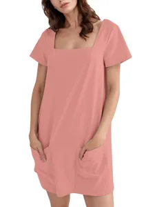 Dames Casual Effen Kleur Vierkante Hals Korte Mouw Mini Jurk Met Zakken Mode Comfortabele Dagelijkse Zomerjurk