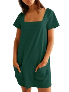 Dames Effen Vierkante Hals Korte Mouw Casual Mini Jurk met Zakken voor Dagelijks Gebruik