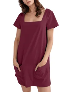 Dames casual korte jurk vierkante hals korte mouwen effen kleur met handige zakken