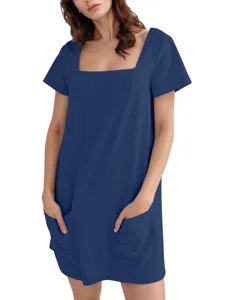 Effen blauwe korte jurk met vierkante hals, korte mouwen en zakken voor dames casual
