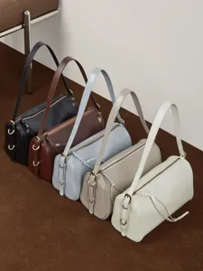Genuine leather women shoulder bag stylish minimalist barrel pillow bag solid color handbag