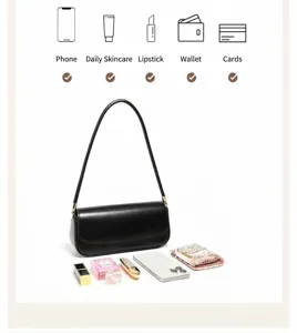 Klassieke zwarte leren schoudertas okseltas voor dames, stijlvolle minimalistische tas.